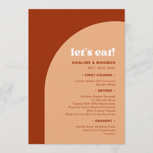 Chic Peach Terracotta Arch Let's Eat Wedding Menu (Voorkant)