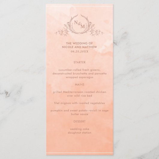 Chic Peach Waterverf, Monogram Weddenschap Menu (Voorkant)