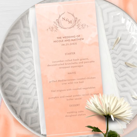 Chic Peach Waterverf, Monogram Weddenschap Menu