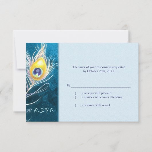 Chic Peacock Feather Blue Wedding RSVP Kaartje (Voorkant)