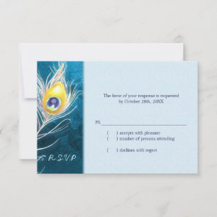 Chic Peacock Feather Blue Wedding RSVP Kaartje