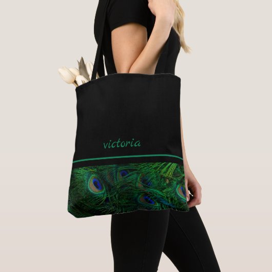 Chic Peacock Feathers Monogrammed Tote Bag (Dichtbij)