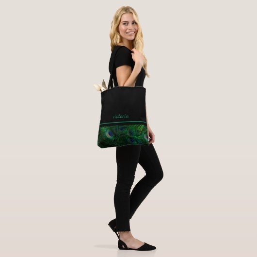 Chic Peacock Feathers Monogrammed Tote Bag (Op model)