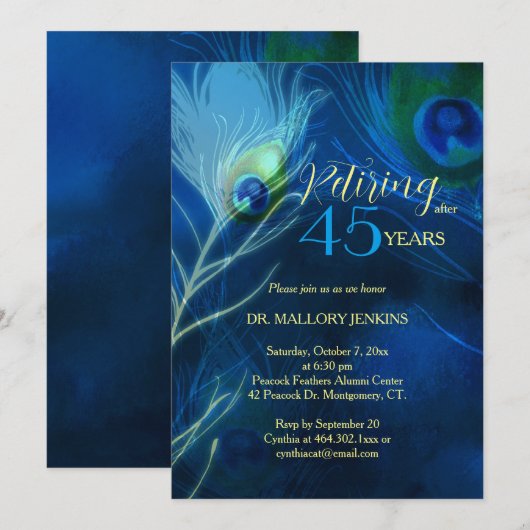 Chic Peacock Feathers Retirement Party Kaart (Voorkant / Achterkant)