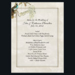 Chic Peacock Wedding Menus Menu<br><div class="desc">De liefdevolle de lijstmenu's van de trouwreceptie die in een antiek geïnspireerde crèmeperkament worden gedaan, met grafiek van een gouden toon lijst rond het tekstgebied. Een erwt die op een wisteria tak zit, decoreert de hogere linkerhoek van het menu, en kunstwerk op de rug shows de mannetje en de vrouw...</div>