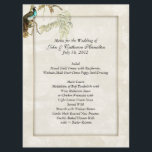 Chic Peacock Wedding Menus Menu<br><div class="desc">De liefdevolle de lijstmenu's van de trouwreceptie die in een antiek geïnspireerde crèmeperkament worden gedaan, met grafiek van een gouden toon lijst rond het tekstgebied. Een erwt die op een wisteria tak zit, decoreert de hogere linkerhoek van het menu, en kunstwerk op de rug shows de mannetje en de vrouw...</div>
