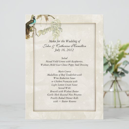 Chic Peacock Wedding Menus Menu (Staand voorkant)