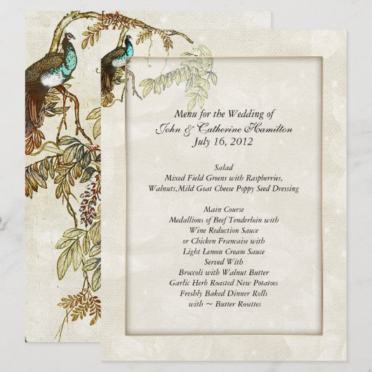 Chic Peacock Wedding Menus Menu (Voorkant / Achterkant)