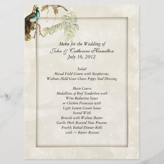 Chic Peacock Wedding Menus Menu (Voorkant)