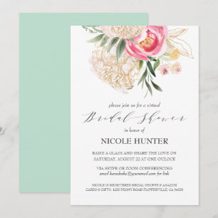 Chic Peonies Gold Flowers VIRTUAL Vrijgezellenfees Kaart