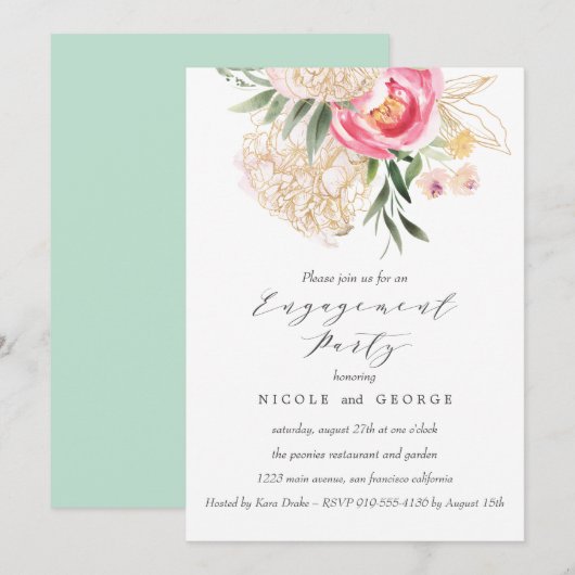 Chic Peonies Gold Flowers Weddenschap Kaart (Voorkant / Achterkant)