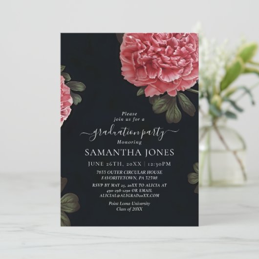 Chic Peony Roos Afstuderen Uitnodiging Sjabloon (Staand voorkant)