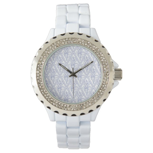Chic Periwinkle Blue White Floral Diamond Pattern Horloge (Voorkant)