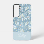 Chic Personalized Name/ Pastel Blue Leaf Motif  Samsung Galaxy Hoesje (Achterkant)