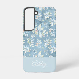 Chic Personalized Name/ Pastel Blue Leaf Motif Samsung Galaxy Hoesje