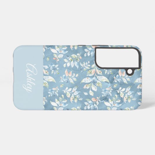 Chic Personalized Name/ Pastel Blue Leaf Motif  Samsung Galaxy Hoesje (Achterkant horizontaal)