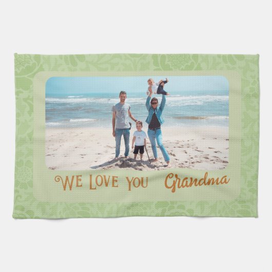 Chic Personalized Photo Text Grandma Gift Green Theedoek (Horizontaal)