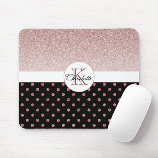 Chic Personalized Rose Gold Glitter Polka Dot Name Muismat (Met muis)
