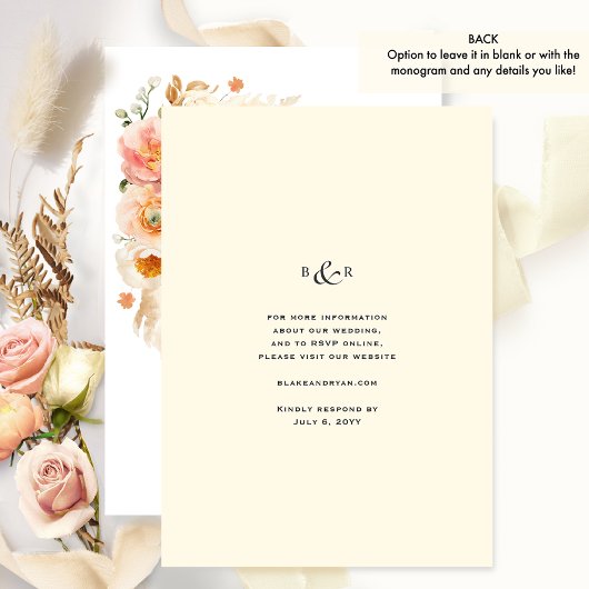 Chic perzik en Bord geel delicate bloemenbruiloft Kaart