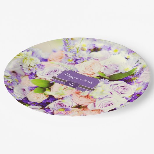 Chic perzik en Paarse Roos bruiloft Papieren Bordje (Gekanteld)