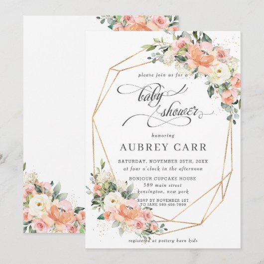 Chic Perzik Ivoor Roze Bloemen Baby shower Geometr Kaart (Voorkant / Achterkant)