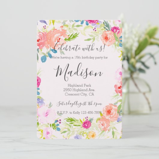 Chic Perzik Roze Waterverf Bloemen verjaardag Kaart (Staand voorkant)