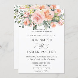 Chic Perzik Sinaasappel Roze Bloemen Greenery Wedd Kaart