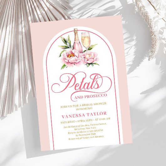 Chic petals and prosecco blush gold bridal shower kaart