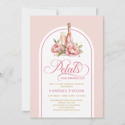 Chic petals and prosecco blush gold shower invite kaart (Voorkant)