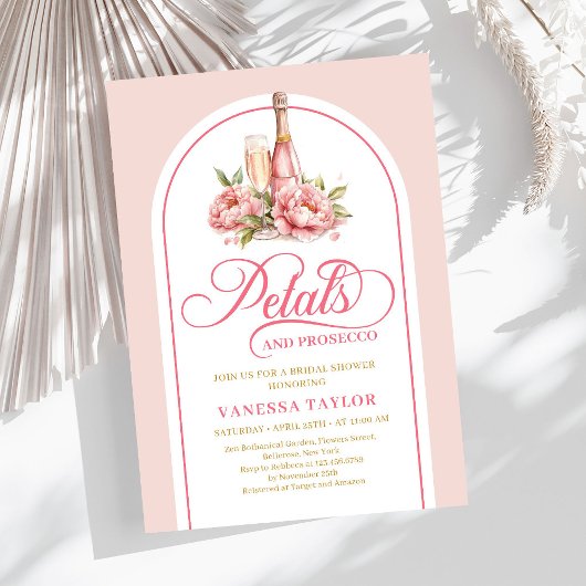 Chic petals and prosecco blush gold shower invite kaart