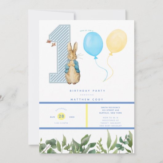 Chic Peter Rabbit Boy 1st Birthday Party Kaart (Voorkant)