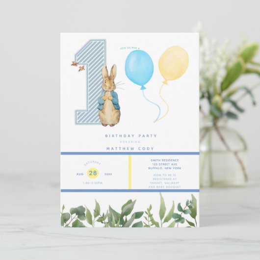 Chic Peter Rabbit Boy 1st Birthday Party Kaart (Staand voorkant)