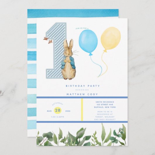 Chic Peter Rabbit Boy 1st Birthday Party Kaart (Voorkant / Achterkant)