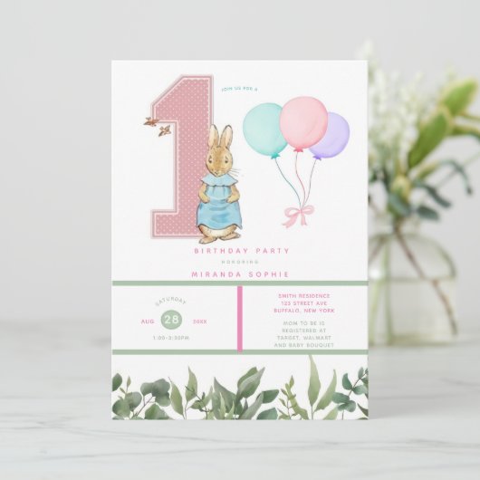 Chic Peter Rabbit Girl 1st Birthday Party Kaart (Staand voorkant)