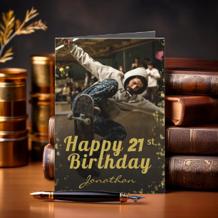 Chic Photo Black & Gold Happy Birthday Kaart