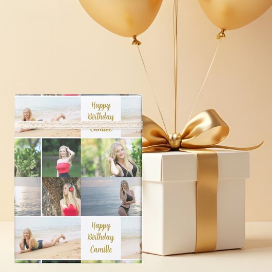 Chic Photo Collage Happy Birthday Gold Script Cadeaupapier