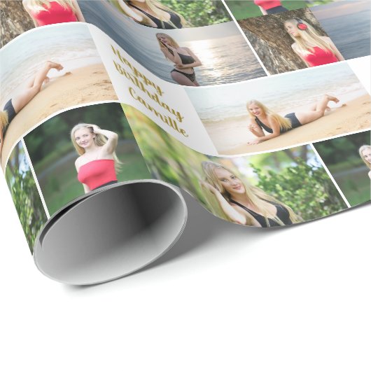Chic Photo Collage Happy Birthday Gold Script Cadeaupapier (Rol Hoek)