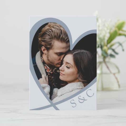 Chic Photo Heart Dusty Blue Wedding Kaart (Staand voorkant)