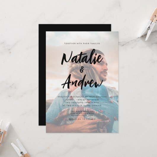 Chic Photo Overlay Minimalist Script Weddenschap B Kaart (Voorkant / Achterkant in situ)