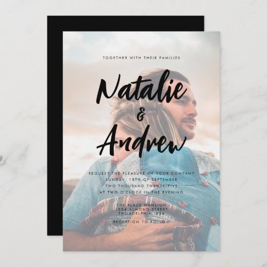 Chic Photo Overlay Minimalist Script Weddenschap B Kaart (Voorkant / Achterkant)