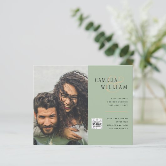Chic Photo Wedding Invite QR Code Save Date Green (Staand voorkant)