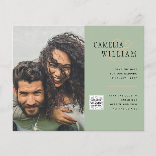 Chic Photo Wedding Invite QR Code Save Date Green (Voorkant)