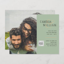 Chic Photo Wedding Invite QR Code Save Date Green