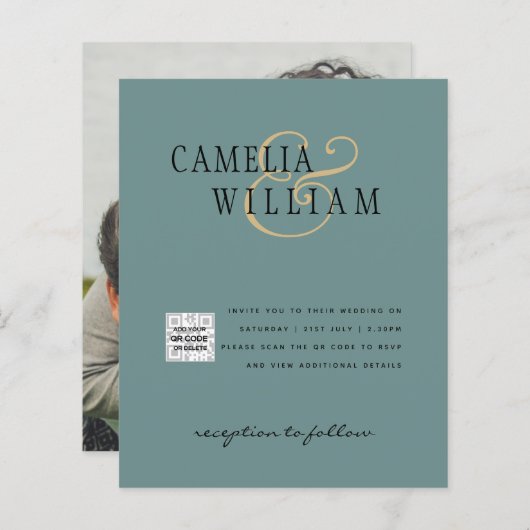 Chic Photo Wedding Invite QR Code Save Date Green (Voorkant / Achterkant)