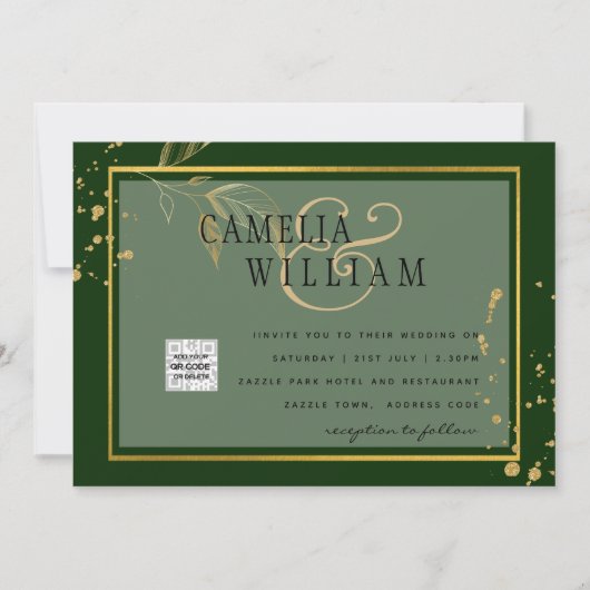 Chic Photo Wedding Invite QR Code Save Date Green (Voorkant)