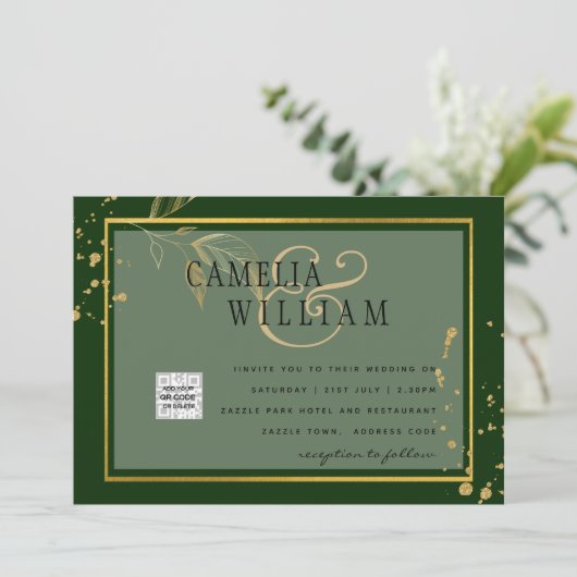 Chic Photo Wedding Invite QR Code Save Date Green (Staand voorkant)