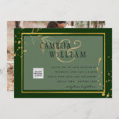Chic Photo Wedding Invite QR Code Save Date Green (Voorkant / Achterkant)