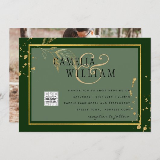 Chic Photo Wedding Invite QR Code Save Date Green (Voorkant / Achterkant)