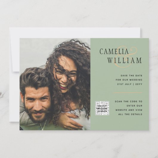 Chic Photo Wedding Invite QR Code Save Date Green Kaart (Voorkant)