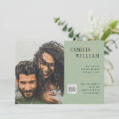 Chic Photo Wedding Invite QR Code Save Date Green Kaart (Staand voorkant)